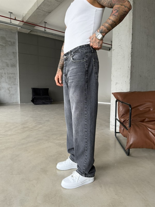 Basic Eskitme Yıkamalı Baggy Pantolon - Koyu Gri