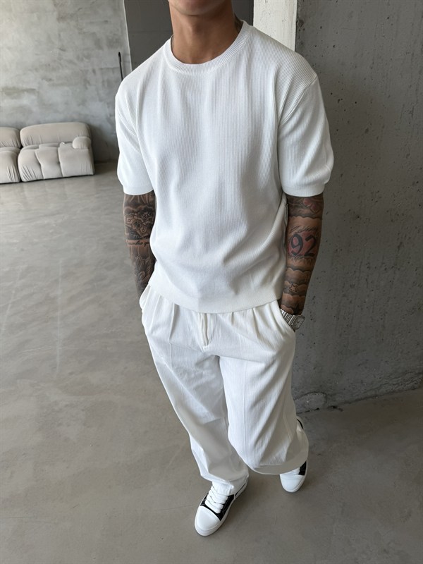 Basic Fitilli Premium Bisiklet Yaka - Beyaz