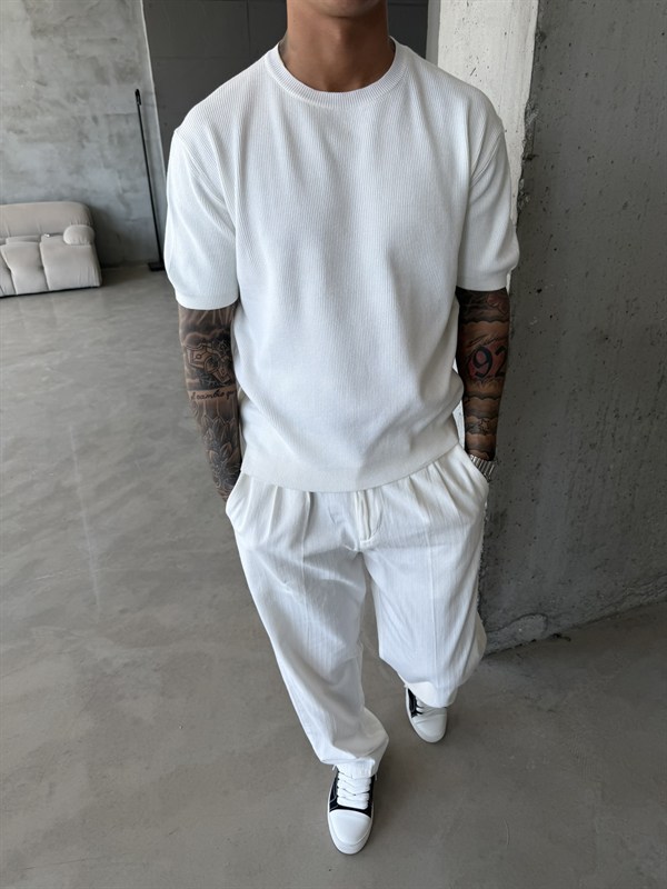 Basic Fitilli Premium Bisiklet Yaka - Beyaz