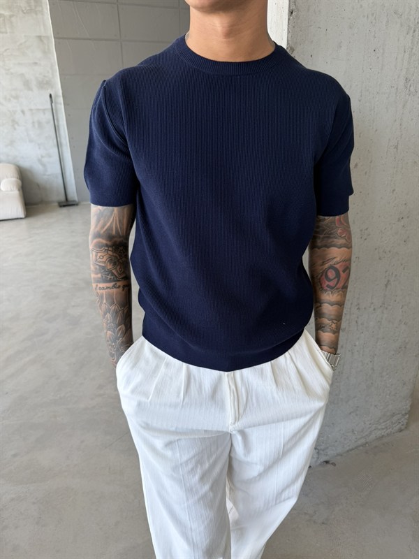 Basic Fitilli Premium Bisiklet Yaka - Lacivert
