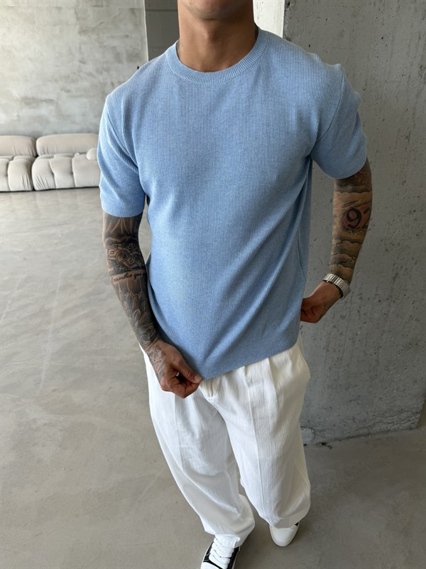 Basic Fitilli Premium Bisiklet Yaka - Mavi