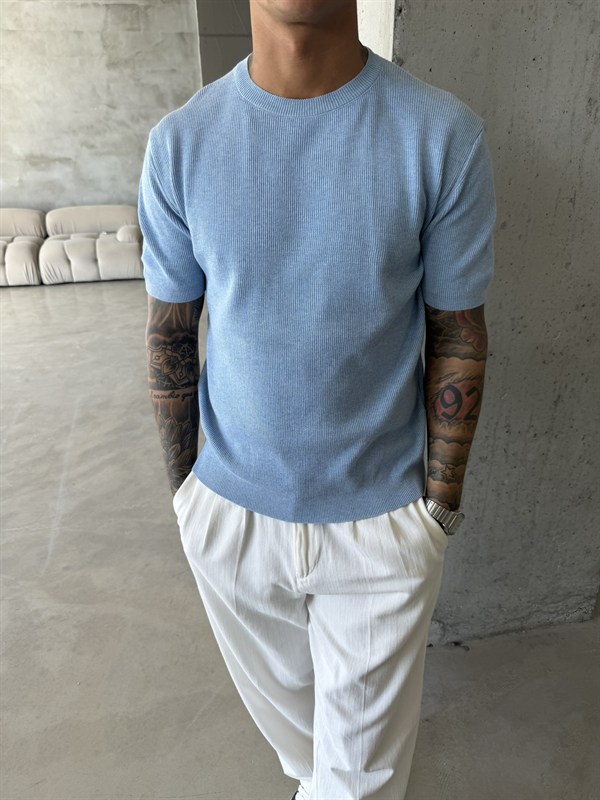 Basic Fitilli Premium Bisiklet Yaka - Mavi