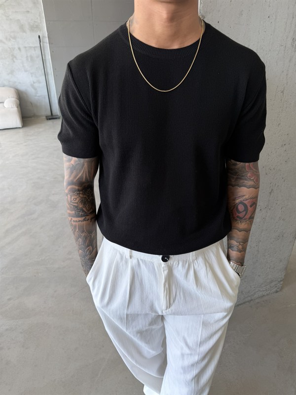 Basic Fitilli Premium Bisiklet Yaka - Siyah