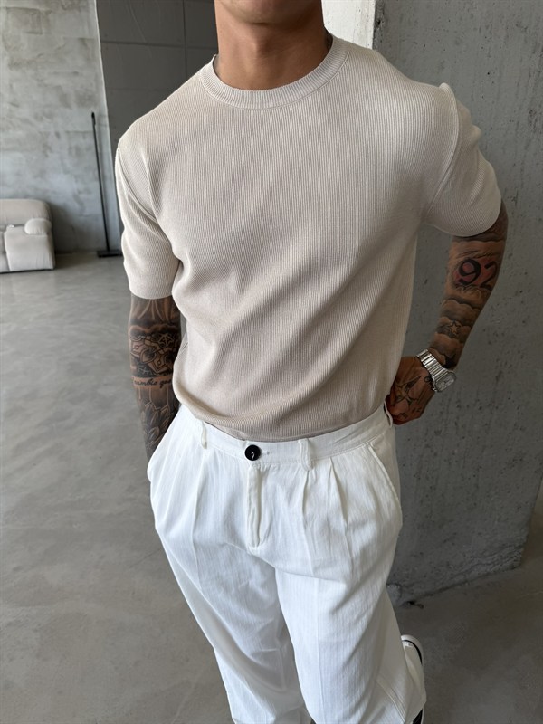 Basic Fitilli Premium Bisiklet Yaka - Taş