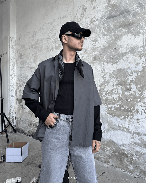 Basic Füme Uzun Siyah Kol Oversize Gömlek Füme