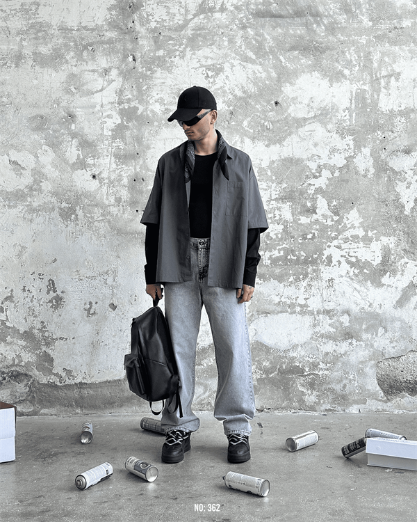 Basic Füme Uzun Siyah Kol Oversize Gömlek Füme