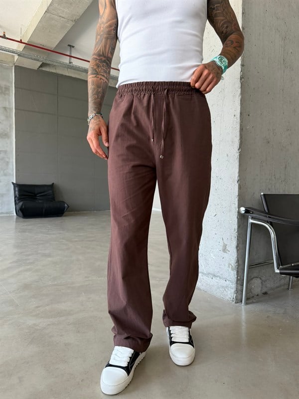 Basic Keten Pantolon - Kahve