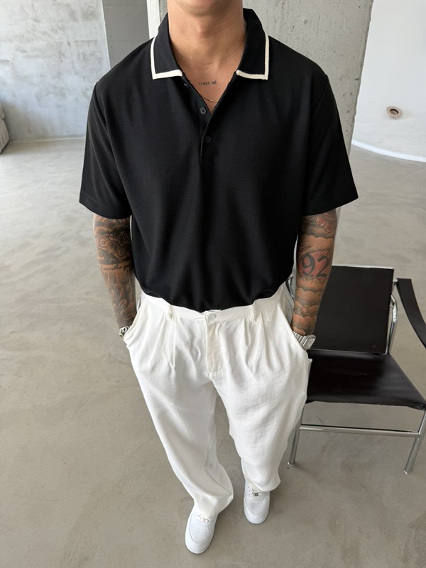 Basic Old Money Premium Pat Polo Yaka T-Shirt - Siyah