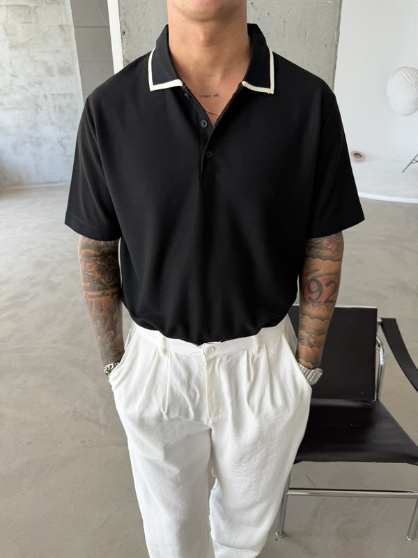 Basic Old Money Premium Pat Polo Yaka T-Shirt - Siyah