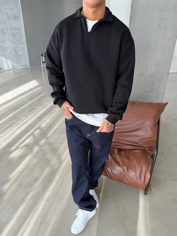 Basic  Pat Yaka Polo Sweat - Siyah