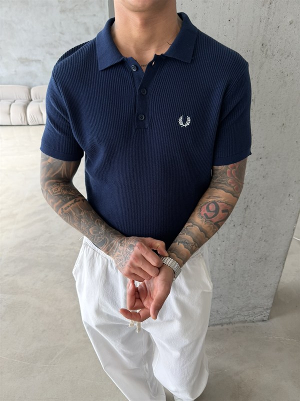 Basic Regular Nakışlı Düğmeli Yaka T-Shirt - Lacivert