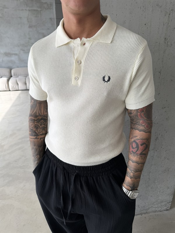 Basic Regular Nakışlı Düğmeli Yaka T-Shirt - Ekru