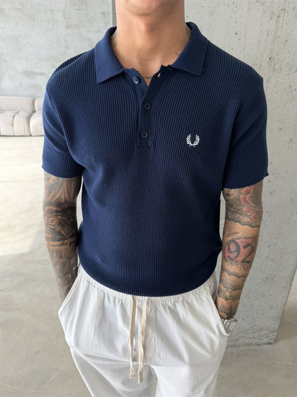 Basic Regular Nakışlı Düğmeli Yaka T-Shirt - Lacivert