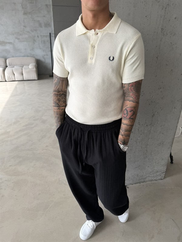 Basic Regular Nakışlı Düğmeli Yaka T-Shirt - Ekru