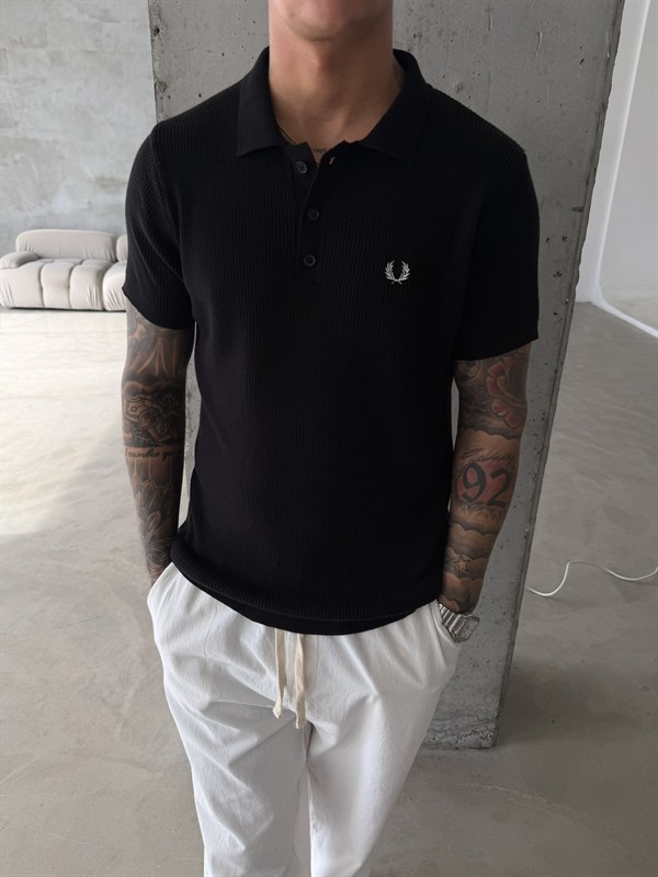 Basic Regular Nakışlı Düğmeli Yaka T-Shirt - Siyah