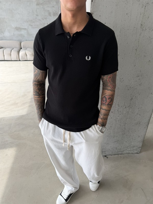 Basic Regular Nakışlı Düğmeli Yaka T-Shirt - Siyah