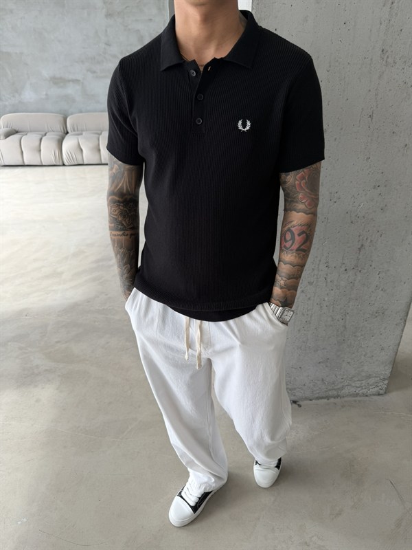 Basic Regular Nakışlı Düğmeli Yaka T-Shirt - Siyah