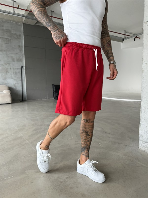 Basic Tek Nakışlı Şort - Kırmızı