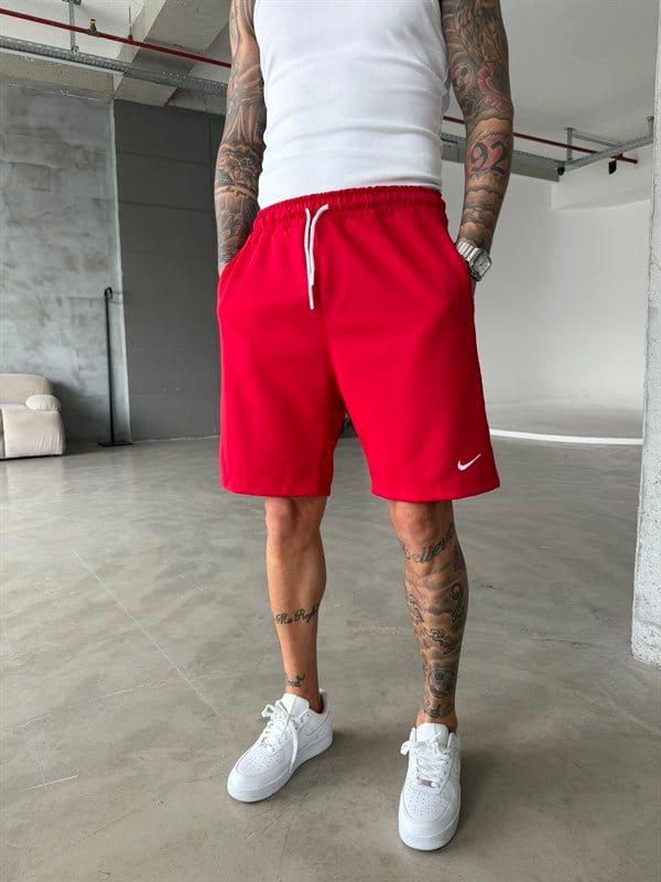 Basic Tek Nakışlı Şort - Kırmızı