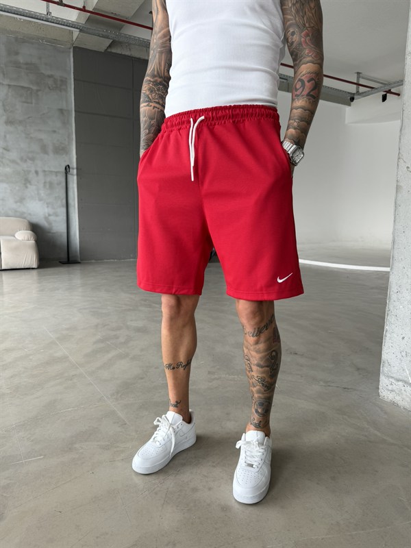 Basic Tek Nakışlı Şort - Kırmızı