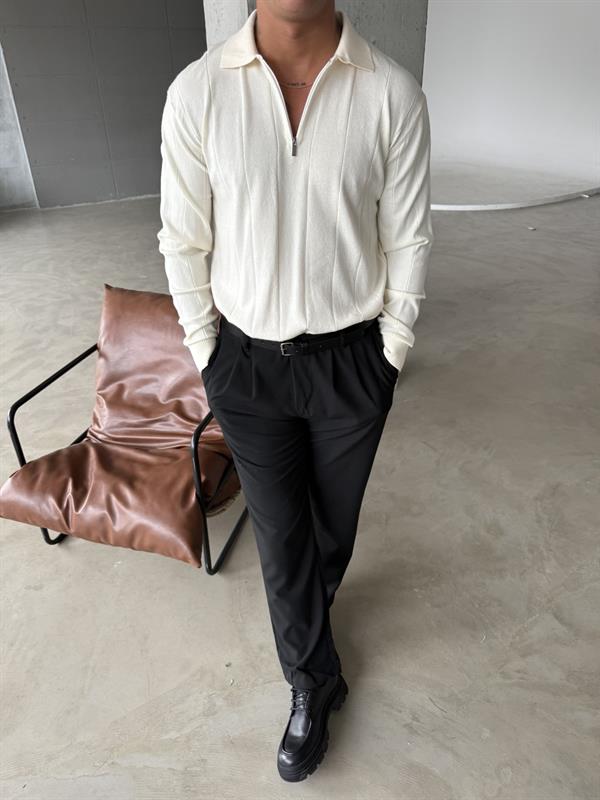 Basic Yarım Fermuar Cizgili Uzun Kol - Bej