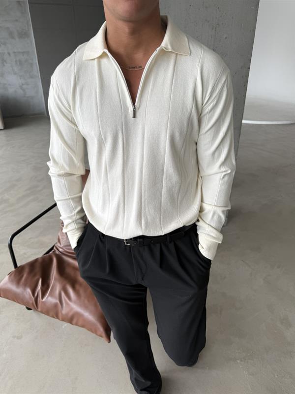 Basic Yarım Fermuar Cizgili Uzun Kol - Bej