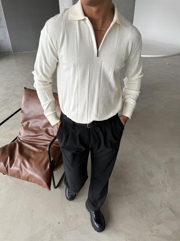 Basic Yarım Fermuar Cizgili Uzun Kol - Bej