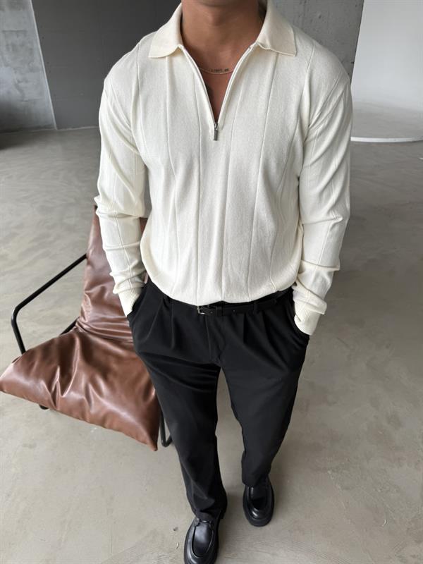 Basic Yarım Fermuar Cizgili Uzun Kol - Bej