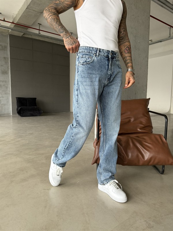Basic Yıkama Baggy Pantolon - Mavi