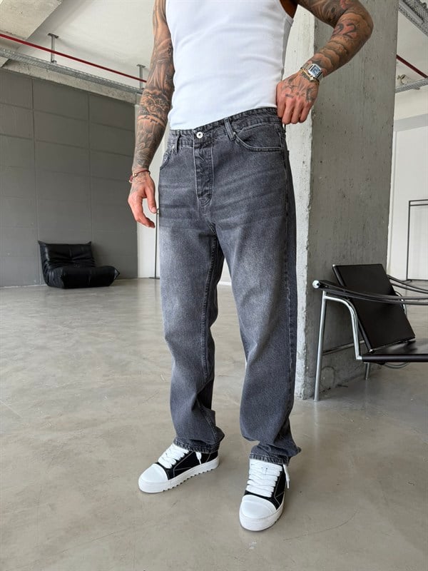 Basic Yıkama Detaylı Baggy Fit Pantolon - Gri