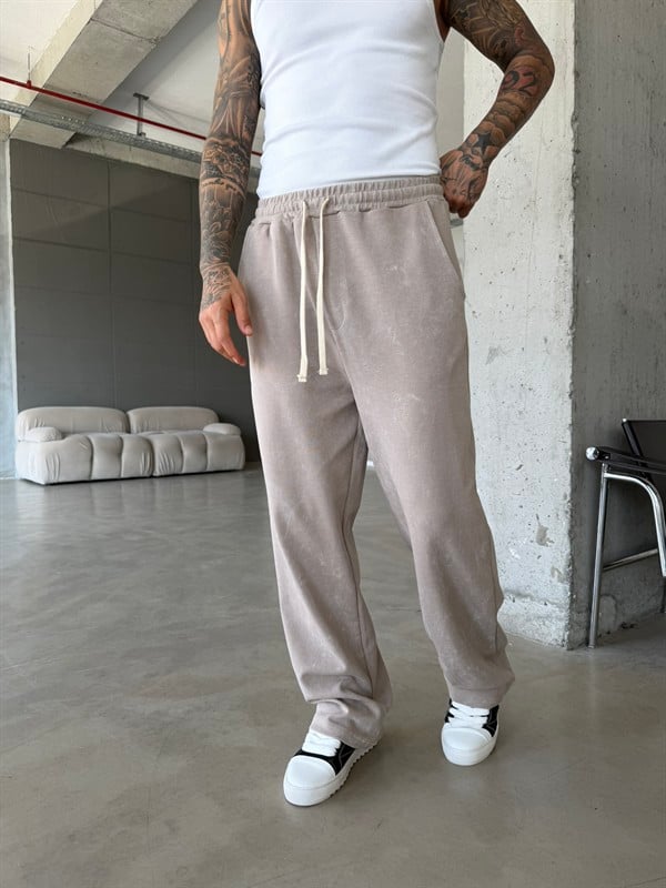 Basic Yıkamalı Acid Baggy Eşofman - Bej