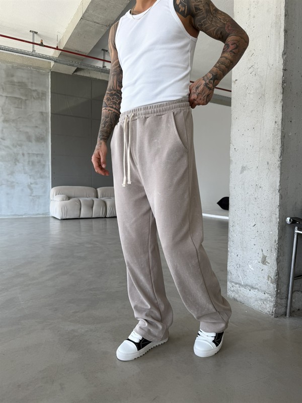 Basic Yıkamalı Acid Baggy Eşofman - Bej