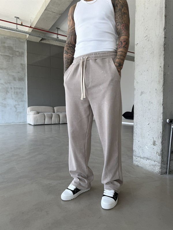 Basic Yıkamalı Acid Baggy Eşofman - Bej