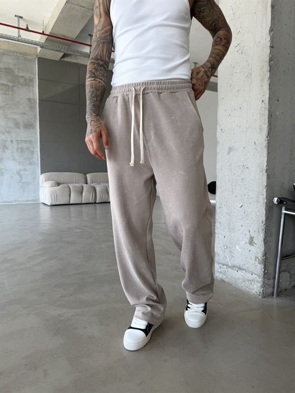 Basic Yıkamalı Acid Baggy Eşofman - Bej