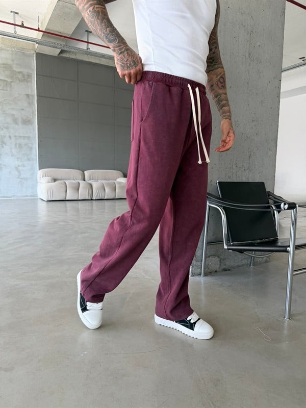 Basic Yıkamalı Acid Baggy Eşofman - Bordo