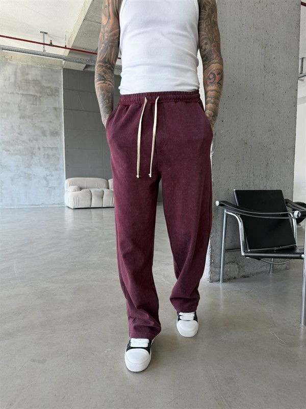 Basic Yıkamalı Acid Baggy Eşofman - Bordo