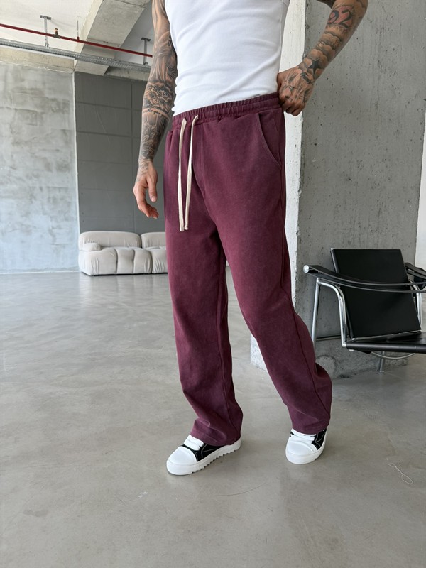 Basic Yıkamalı Acid Baggy Eşofman - Bordo