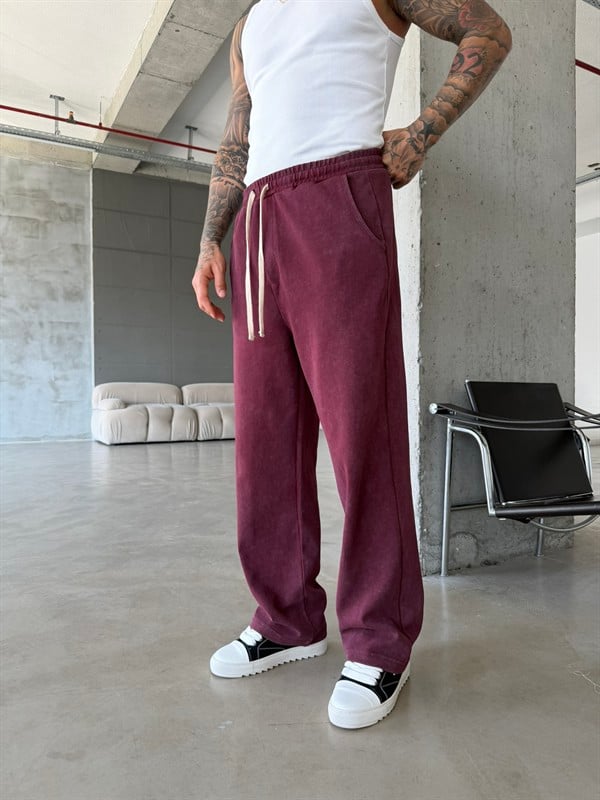Basic Yıkamalı Acid Baggy Eşofman - Bordo