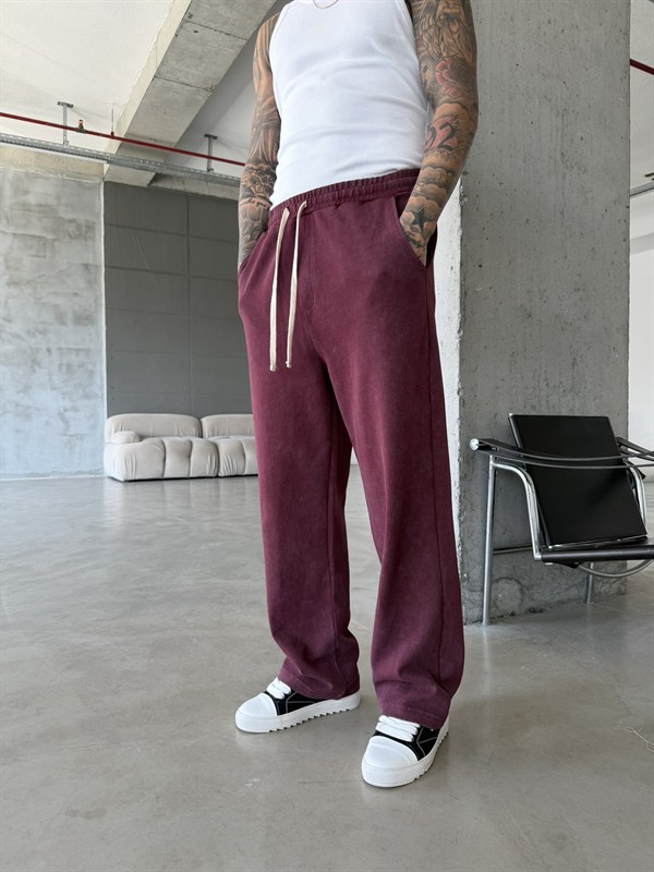 Basic Yıkamalı Acid Baggy Eşofman - Bordo