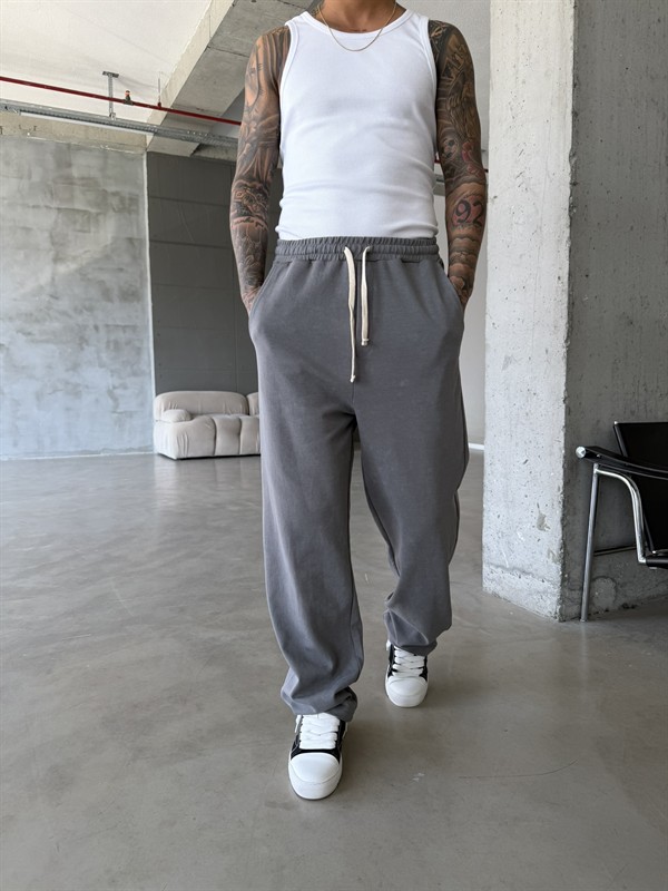 Basic Yıkamalı Acid Baggy Eşofman - Füme