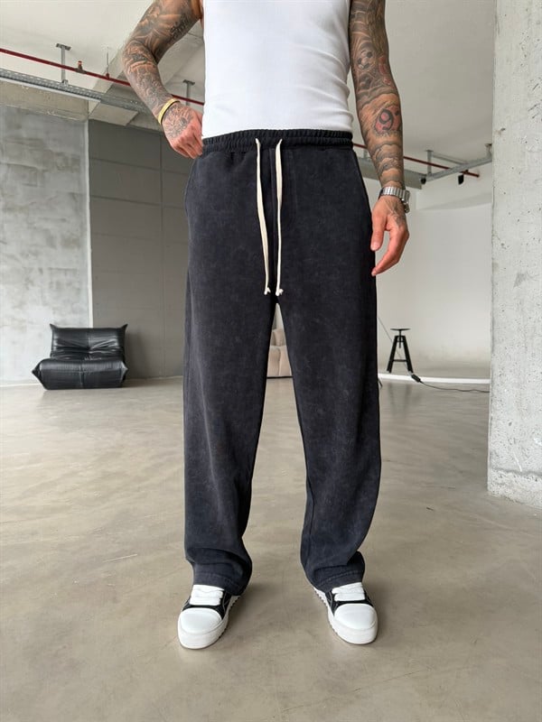 Basic Yıkamalı Acid Baggy Eşofman - Siyah