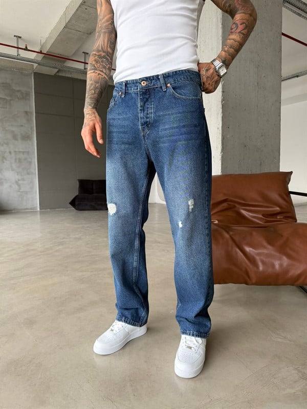 Basic Yırtık Detaylı Baggy Pantolon - İndigo