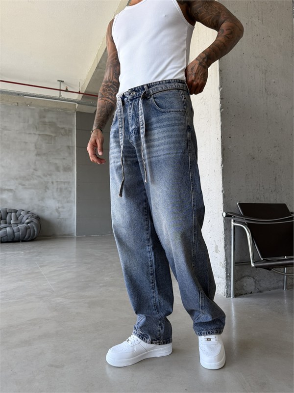 Bel Kemer Detaylı Premium Baggy Pantolon - Mavi