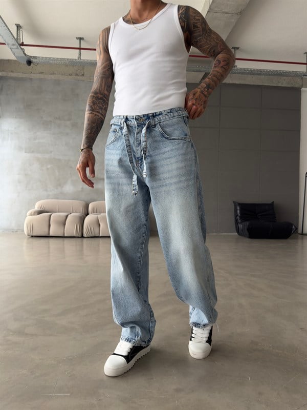Bel Kemer Detaylı Premium Baggy Pantolon - Mavi