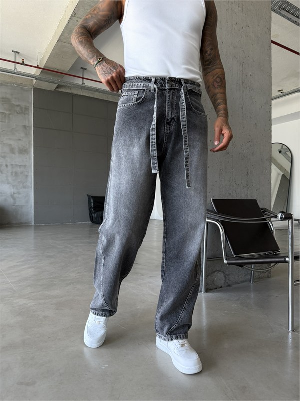 Bel Kemer Detaylı Premium Baggy Pantolon - Gri