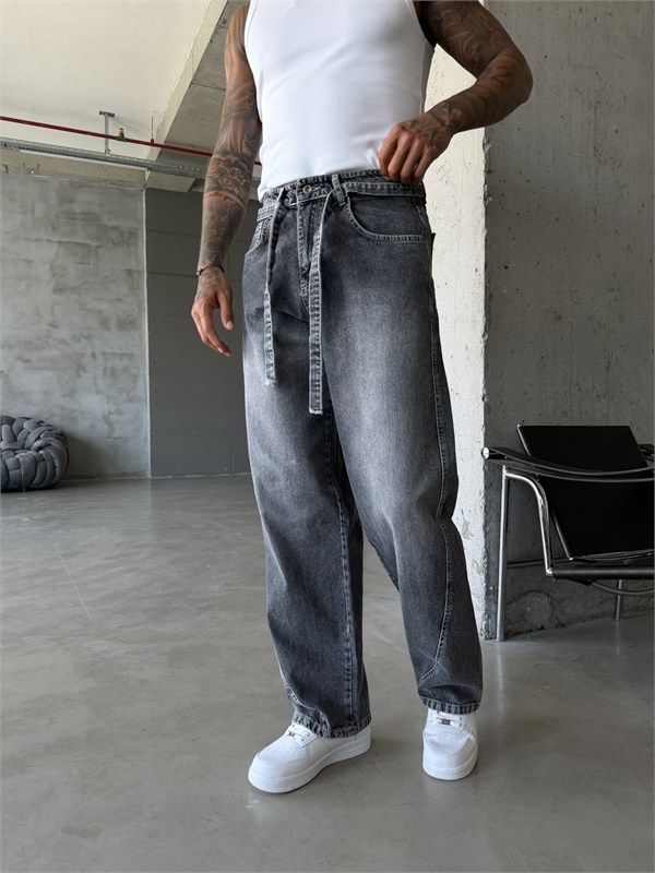 Bel Kemer Detaylı Premium Baggy Pantolon - Gri