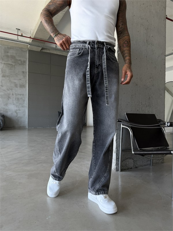 Bel Kemer Detaylı Premium Baggy Pantolon - Gri