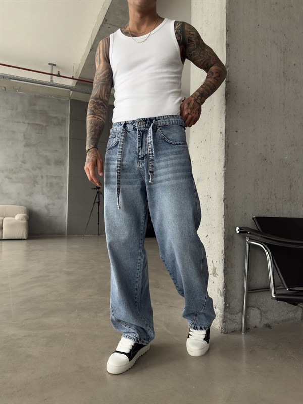 Bel Kemer Detaylı Premium Baggy Pantolon - İndigo