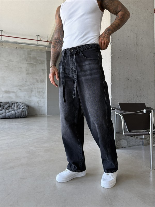 Bel Kemer Detaylı Premium Baggy Pantolon - Siyah