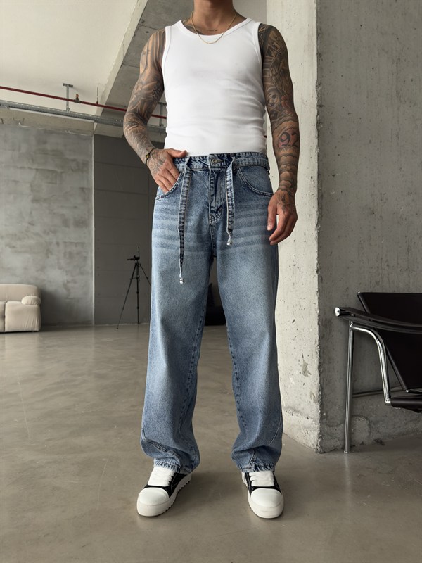 Bel Kemer Detaylı Premium Baggy Pantolon - İndigo